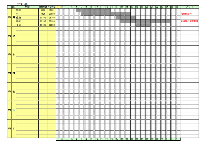 アラート表示するExcelシフト表テンプレートを無料ダウンロード