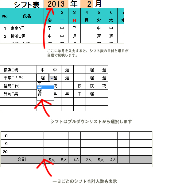 勤務パターンのExcelシフト表テンプレートの設定項目と時間入力