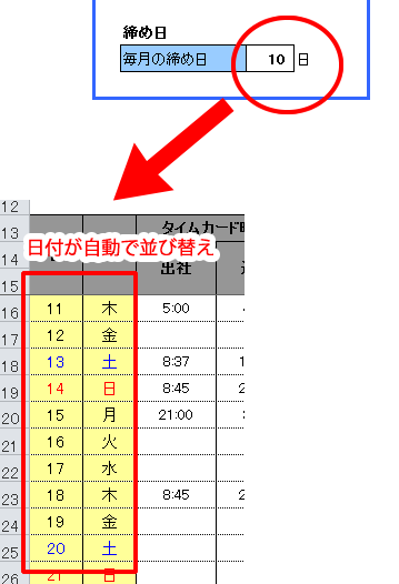 締め日が月末以外でも日付の並びが設定できる勤怠管理表エクセルテンプレートの設定項目　締め日を変更すると日付の並び順が自動で反映