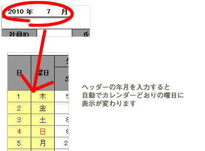 ヘッダーの年月日を入力すると自動でカレンダー通りの曜日に表示が変わります。